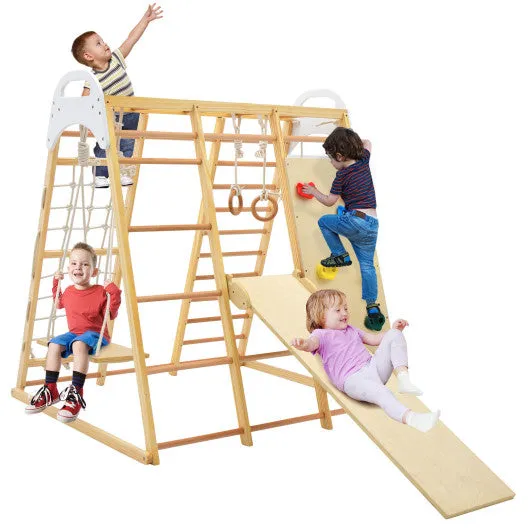 8-in-1 Wooden Jungle Gym Playset with Monkey Bars-Natural
