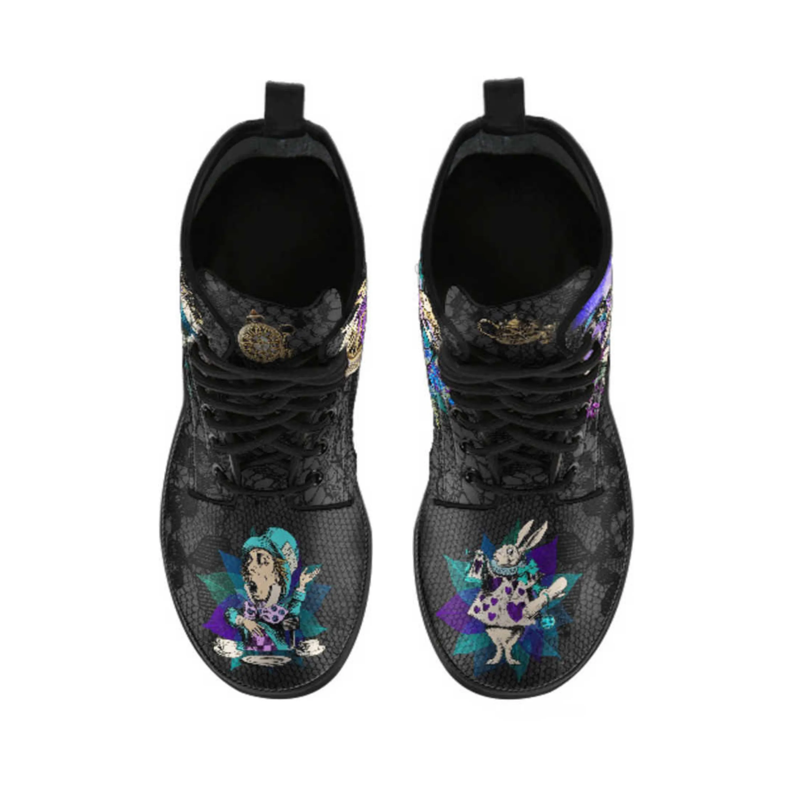 Alice in Wonderland Gifts #23 Purple Series, Black Lace Print | Black Combat Boots, Birthday Gifts, Gift Idea, Women's Black Hipster Boots