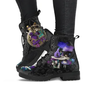 Alice in Wonderland Gifts #23 Purple Series, Black Lace Print | Black Combat Boots, Birthday Gifts, Gift Idea, Women's Black Hipster Boots