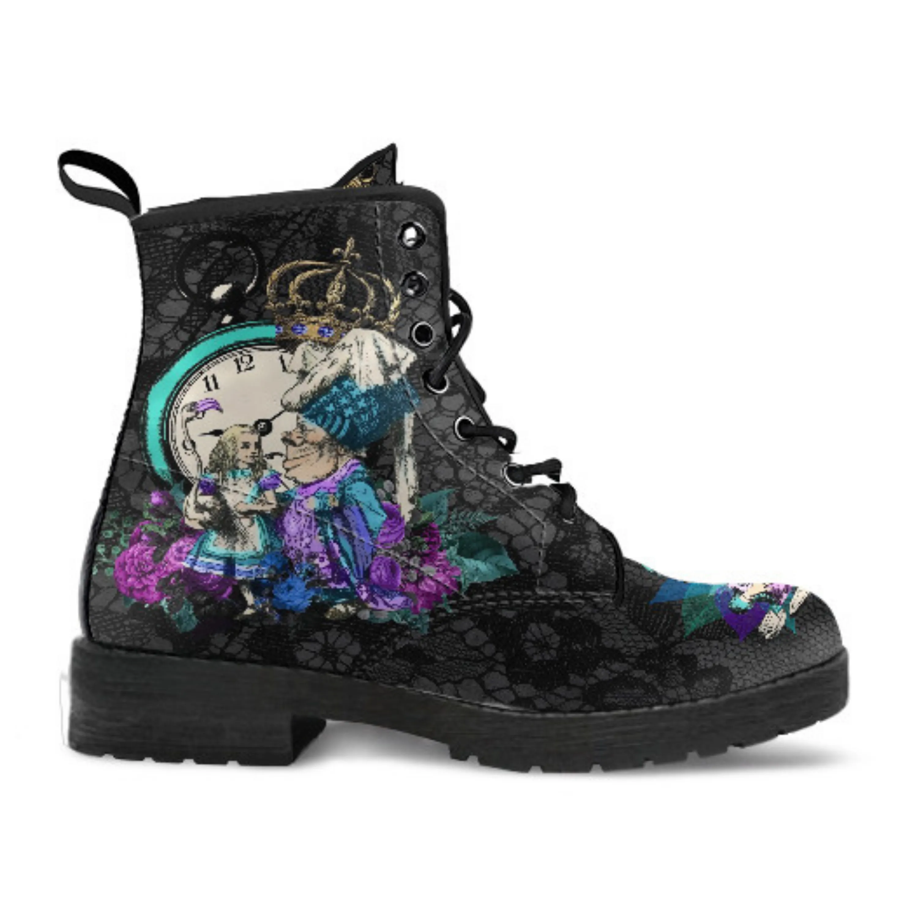 Alice in Wonderland Gifts #23 Purple Series, Black Lace Print | Black Combat Boots, Birthday Gifts, Gift Idea, Women's Black Hipster Boots