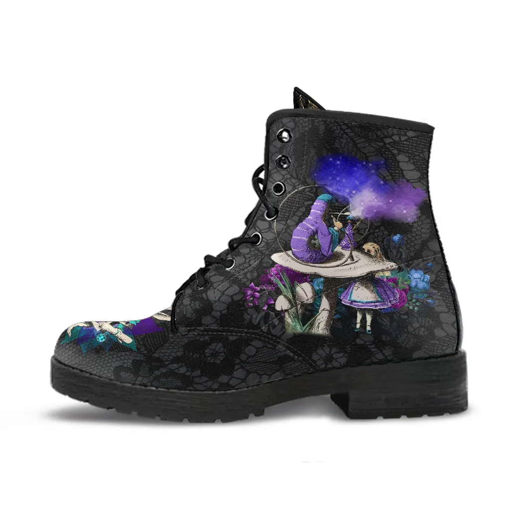 Alice in Wonderland Gifts #23 Purple Series, Black Lace Print | Black Combat Boots, Birthday Gifts, Gift Idea, Women's Black Hipster Boots