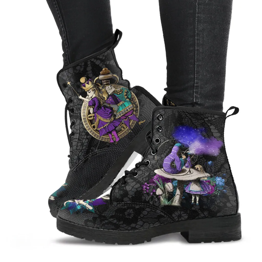 Alice in Wonderland Gifts #23 Purple Series, Black Lace Print | Black Combat Boots, Birthday Gifts, Gift Idea, Women's Black Hipster Boots