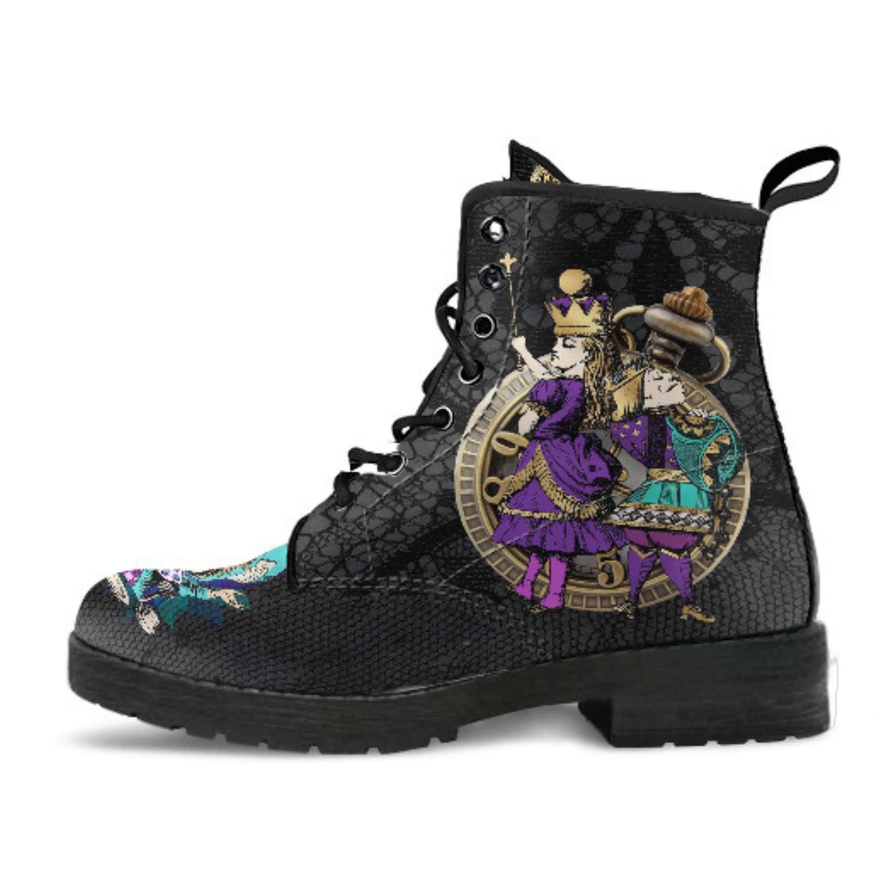 Alice in Wonderland Gifts #23 Purple Series, Black Lace Print | Black Combat Boots, Birthday Gifts, Gift Idea, Women's Black Hipster Boots
