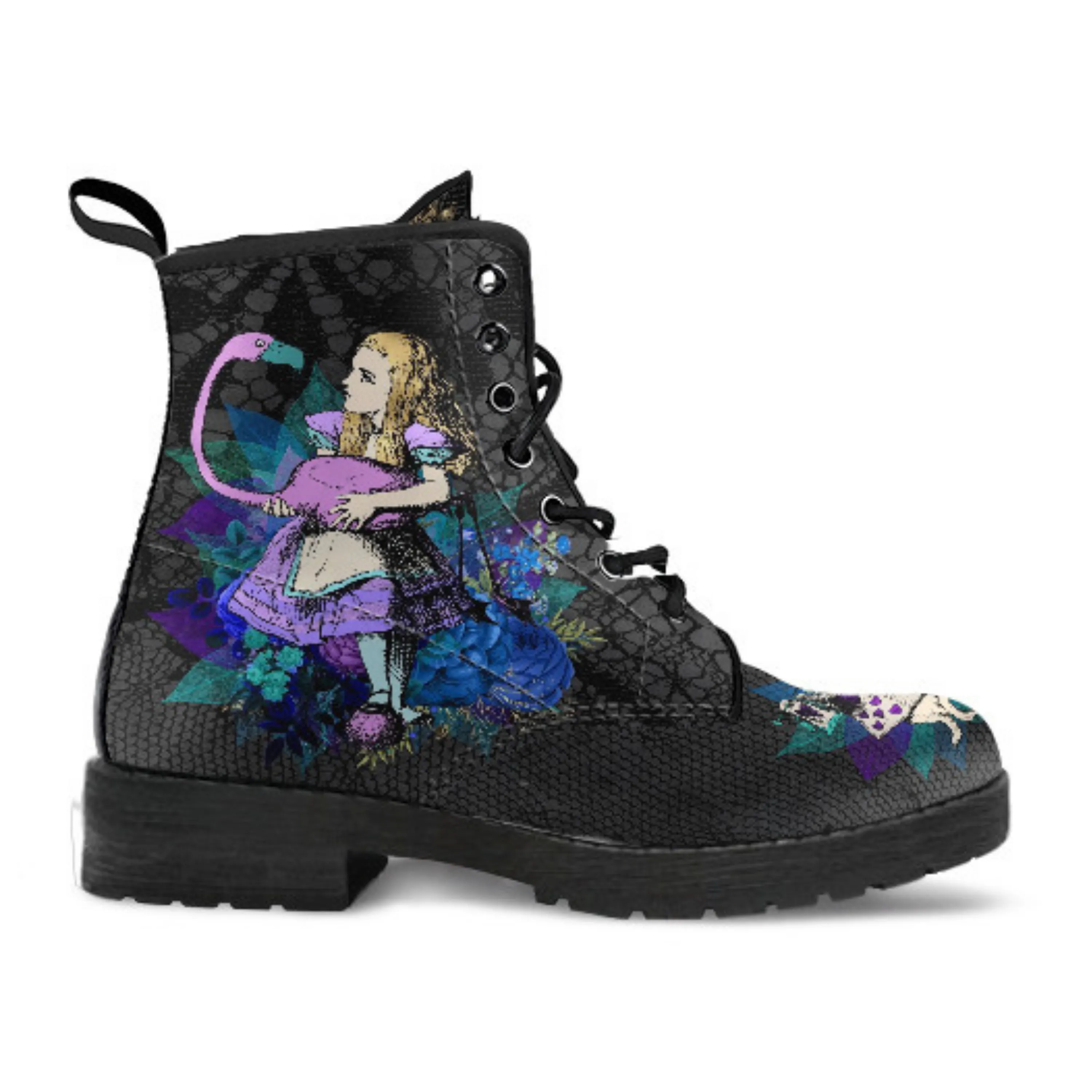 Alice in Wonderland Gifts #23 Purple Series, Black Lace Print | Black Combat Boots, Birthday Gifts, Gift Idea, Women's Black Hipster Boots