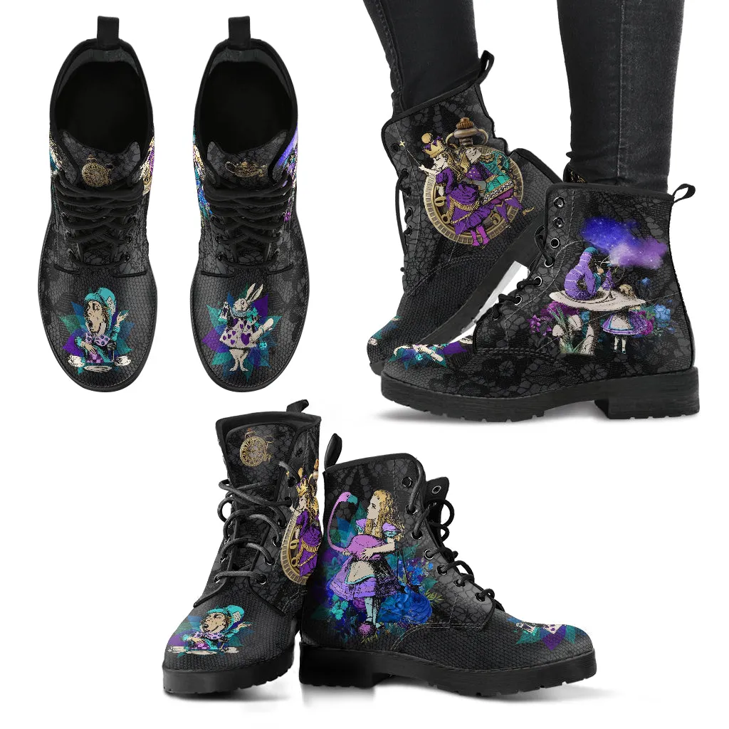 Alice in Wonderland Gifts #23 Purple Series, Black Lace Print | Black Combat Boots, Birthday Gifts, Gift Idea, Women's Black Hipster Boots