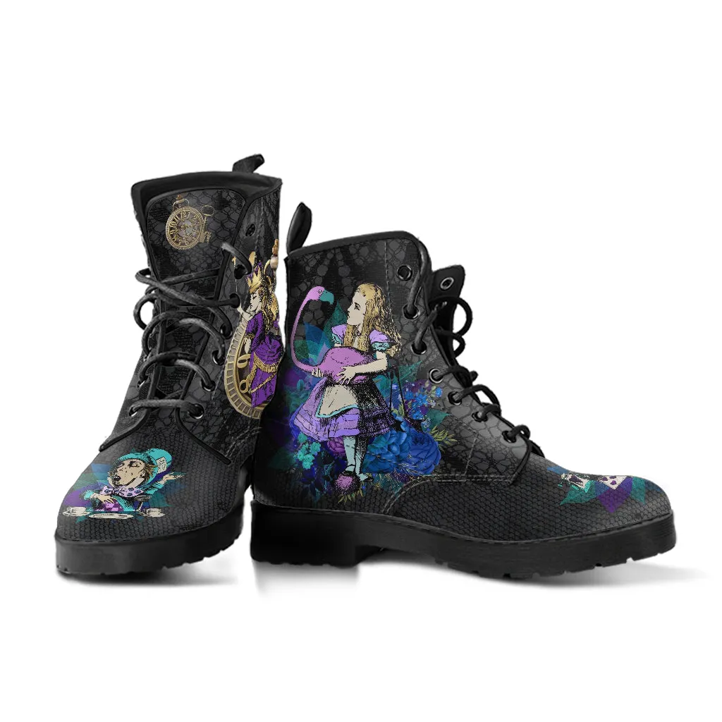 Alice in Wonderland Gifts #23 Purple Series, Black Lace Print | Black Combat Boots, Birthday Gifts, Gift Idea, Women's Black Hipster Boots