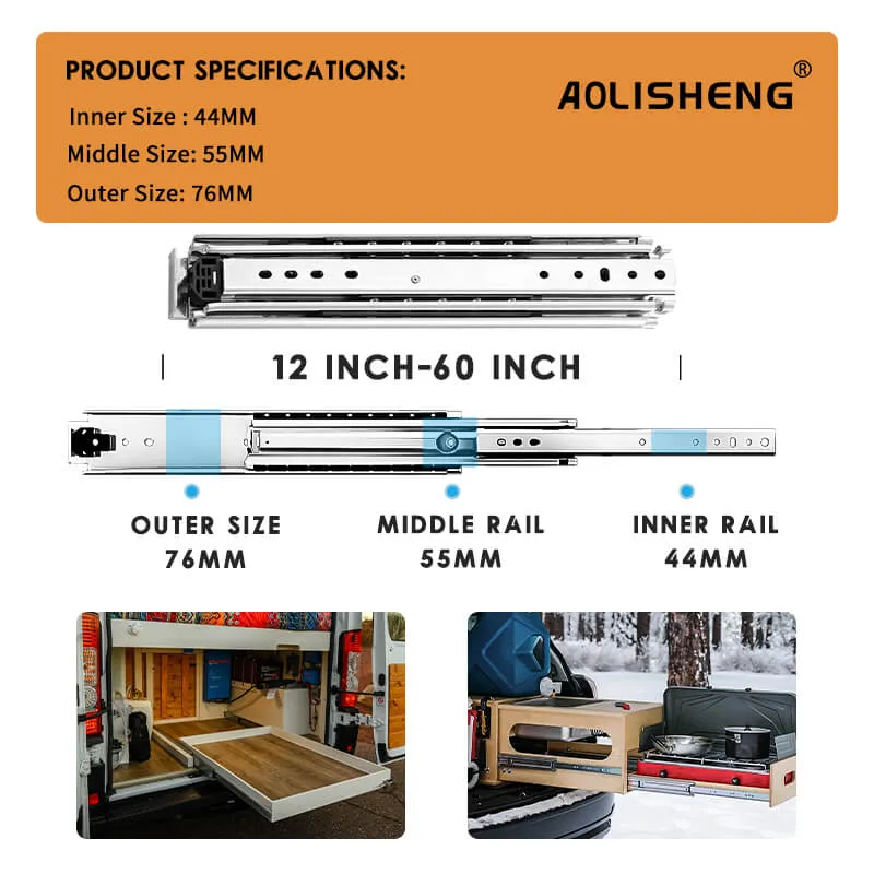 AOLISHENG 500lbs Side Mount Full Extension RV drawer slides Heavy duty rails 1 Pair - A2576