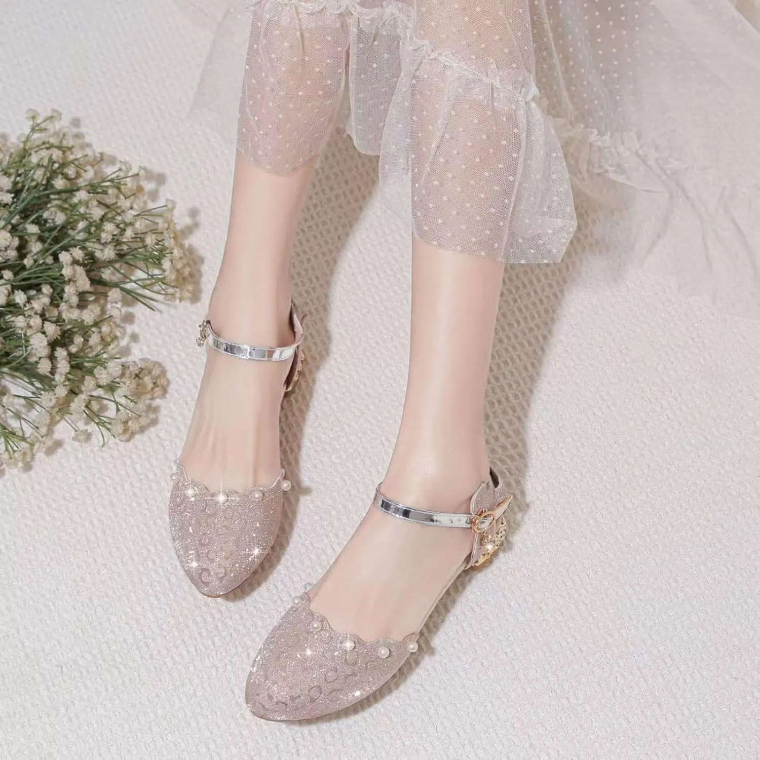 AOQUNFS Girls Dress Shoes Latin Ballroom Dance Shoes Mary Jane Low Heels Wedding Party Sandals,DS-2067