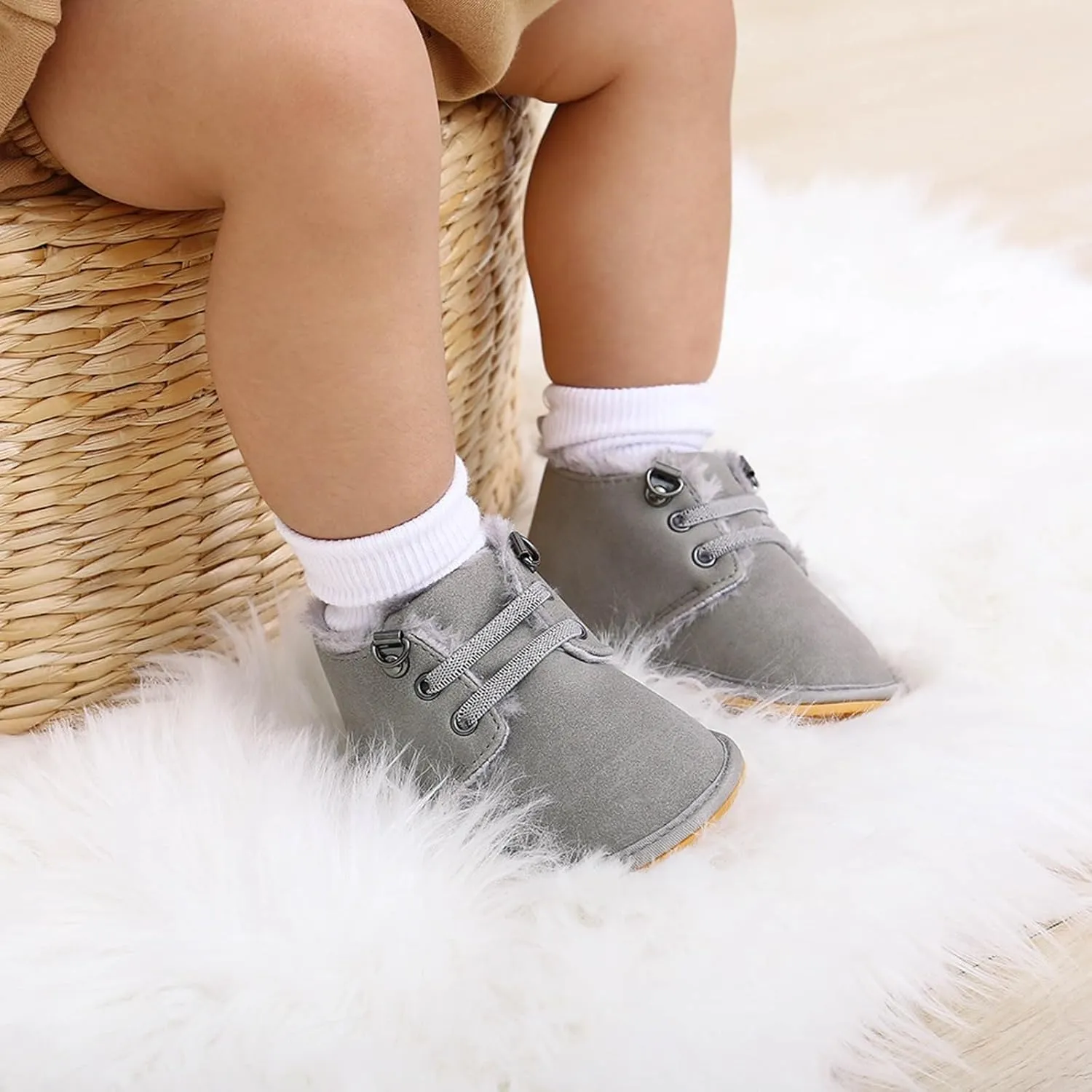 Baby Boys Girls Flat Bottom Plush Ankle Boots Fleece Anti-Slip Rubber Sole Sneakers Toddler Little Girls Tennis Shoes
