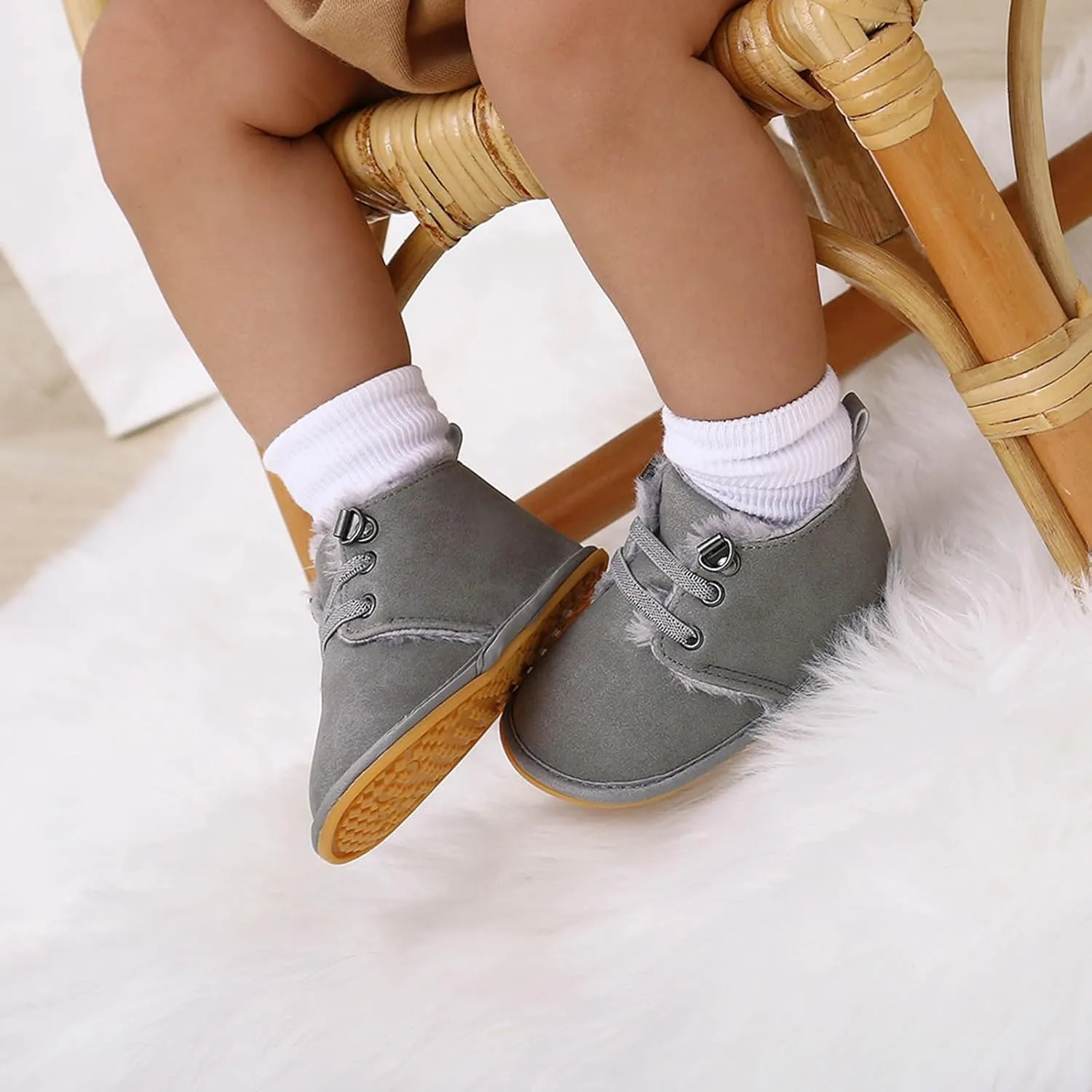Baby Boys Girls Flat Bottom Plush Ankle Boots Fleece Anti-Slip Rubber Sole Sneakers Toddler Little Girls Tennis Shoes