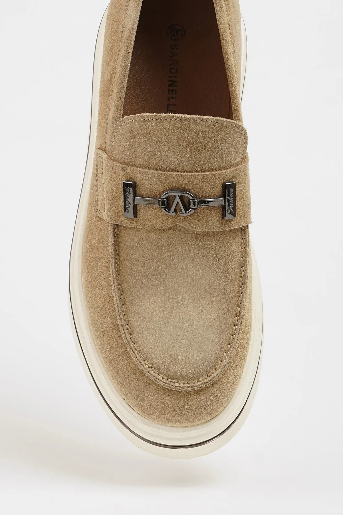 Beige Nubuck Leather Slip-On Shoes with Buckle Detailing.