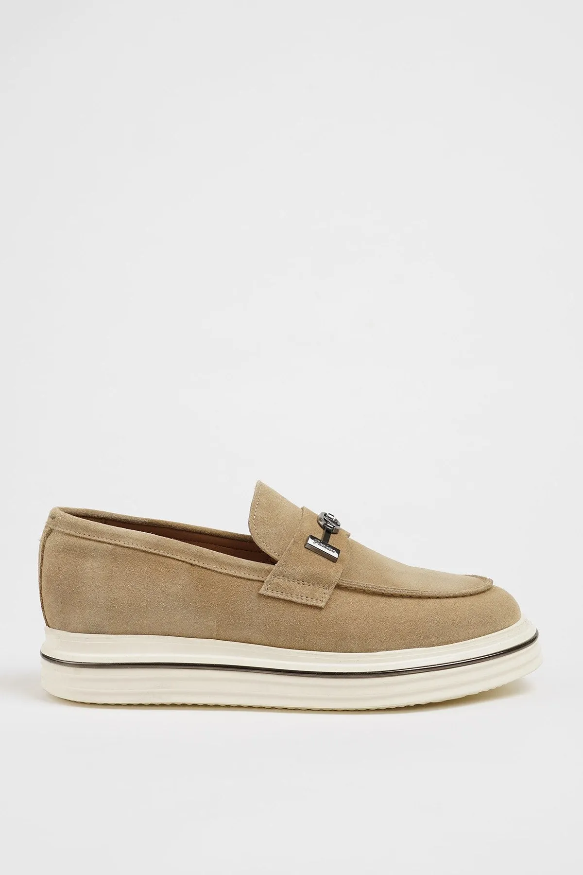 Beige Nubuck Leather Slip-On Shoes with Buckle Detailing.