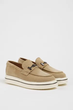 Beige Nubuck Leather Slip-On Shoes with Buckle Detailing.