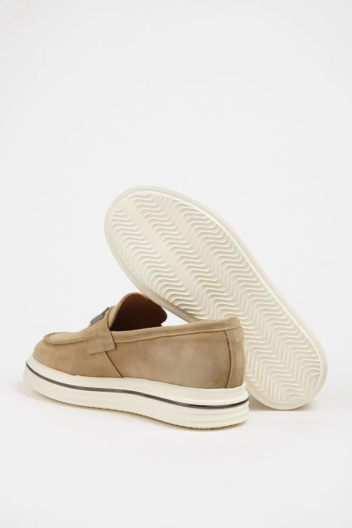 Beige Nubuck Leather Slip-On Shoes with Buckle Detailing.