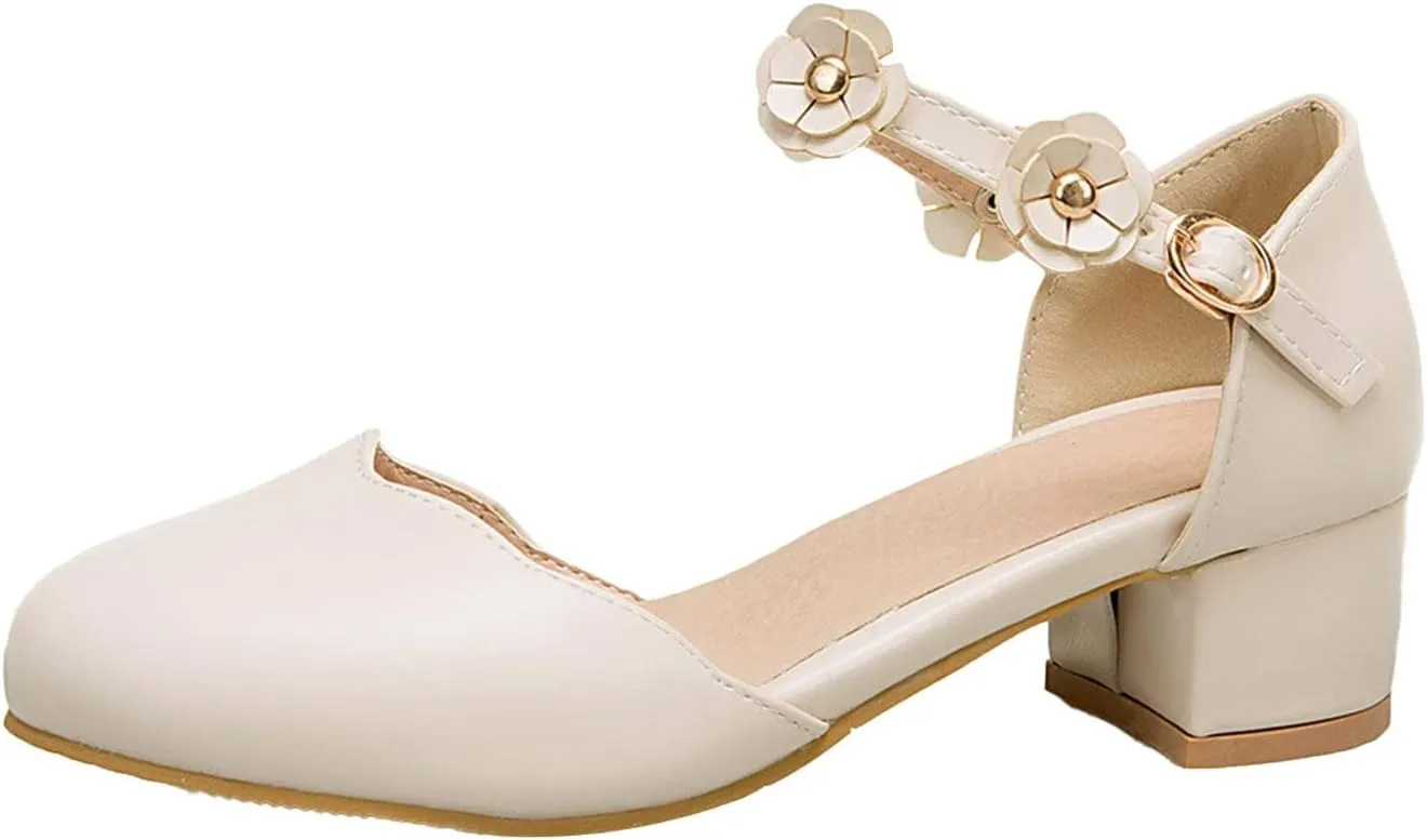 Big Kids Girls Mary Jane Dress Shoes Pumps Low Heels Flower High School Prom Shoes Walking Shoes for Babies
