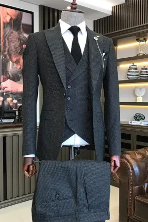 Black Peaked Lapel Three Pieces Business Suits Slim Fit Formal Blazer Vest Pants