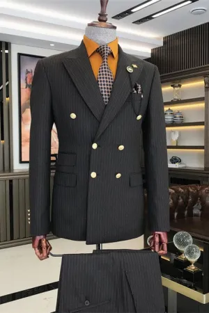 Black Striped Double Breasted Men Business Suits Peaked Lapel Two Pieces Tuxedos Jacket Pants