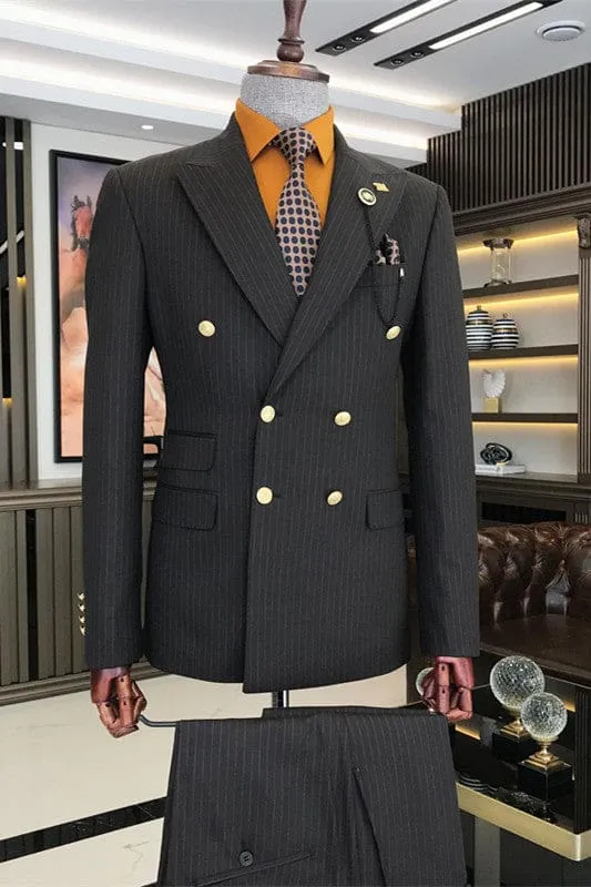 Black Striped Double Breasted Men Business Suits Peaked Lapel Two Pieces Tuxedos Jacket Pants