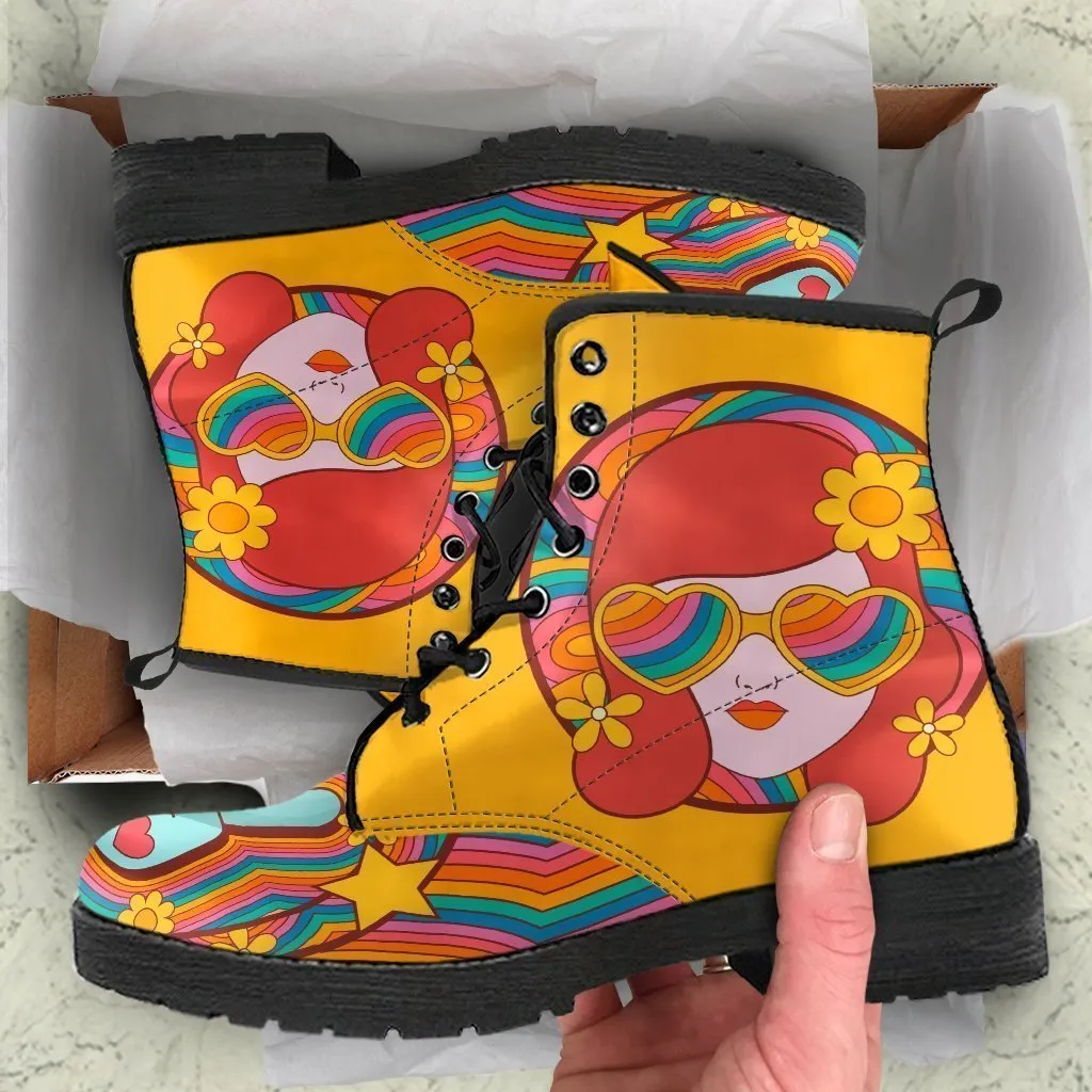 Combat Boots - 70s Psychedelic Style #3 | Custom Shoes, Vegan Leather Boots, Vegan Shoes, Boots Women, Cool Shoes, Travel Shoes