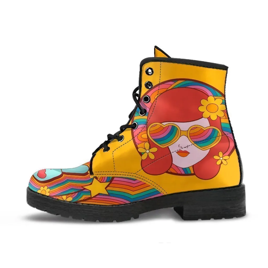 Combat Boots - 70s Psychedelic Style #3 | Custom Shoes, Vegan Leather Boots, Vegan Shoes, Boots Women, Cool Shoes, Travel Shoes