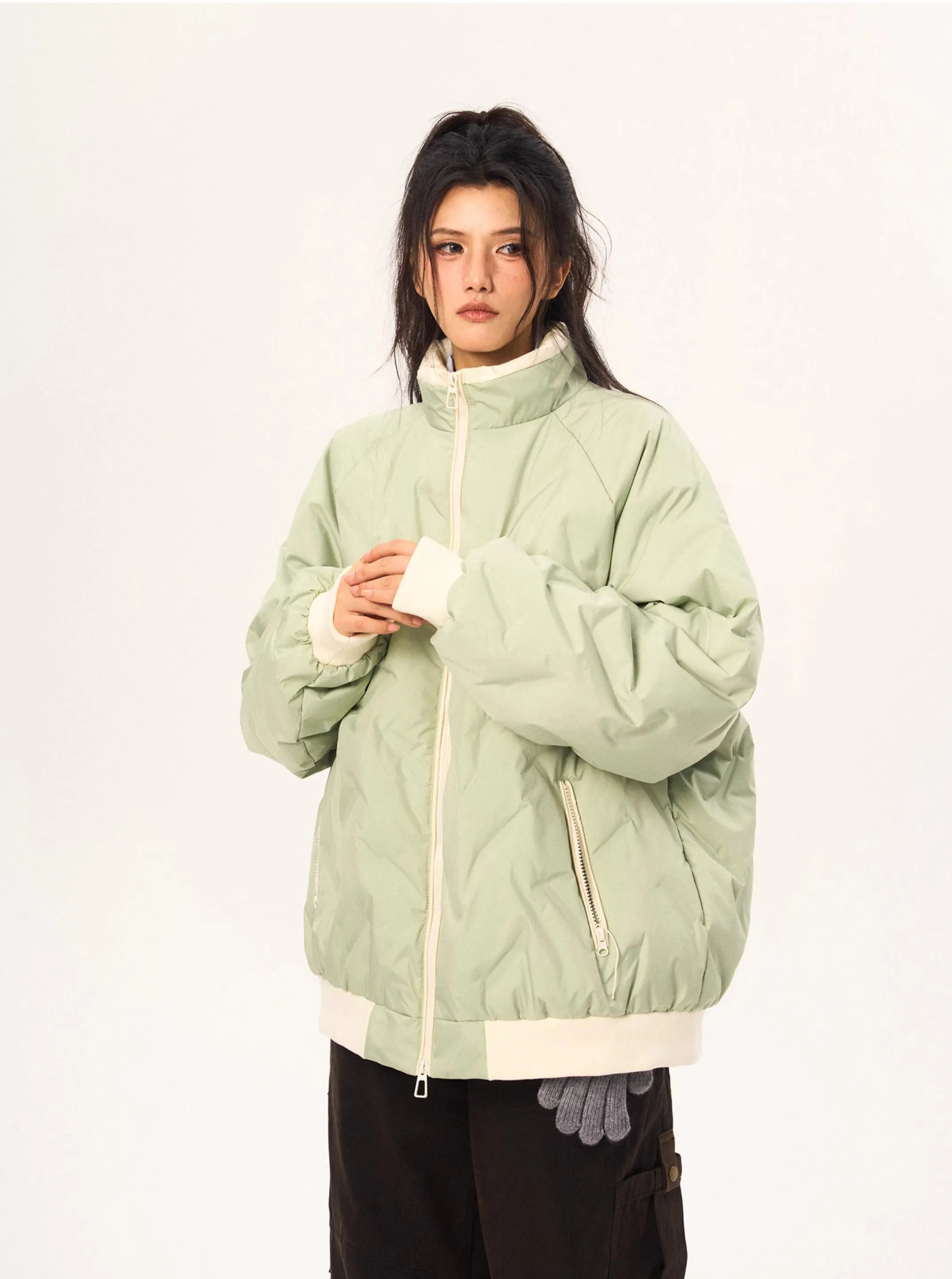 Contrast Trim Oversized Quilted Puffer Bomber Jacket