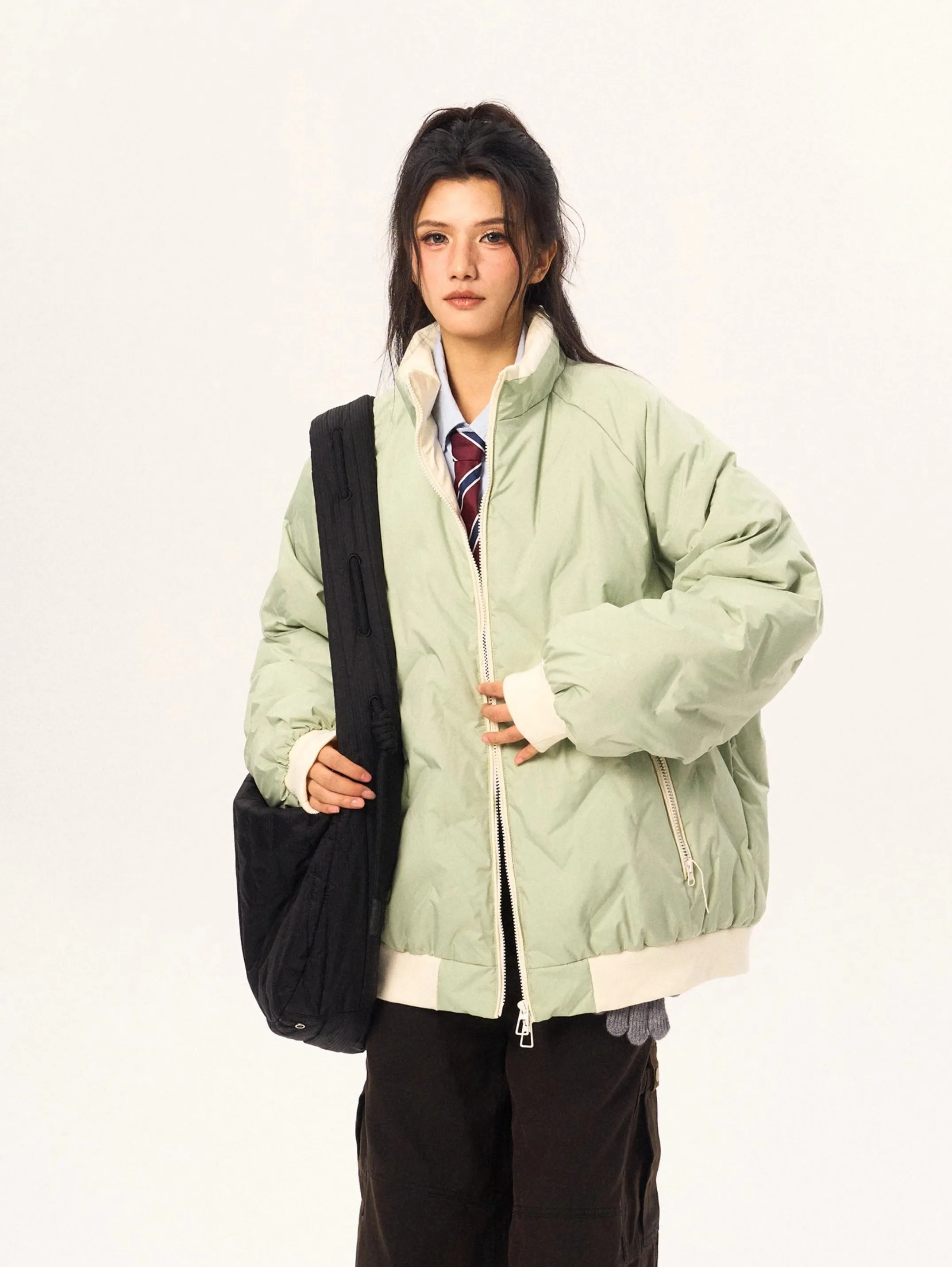 Contrast Trim Oversized Quilted Puffer Bomber Jacket