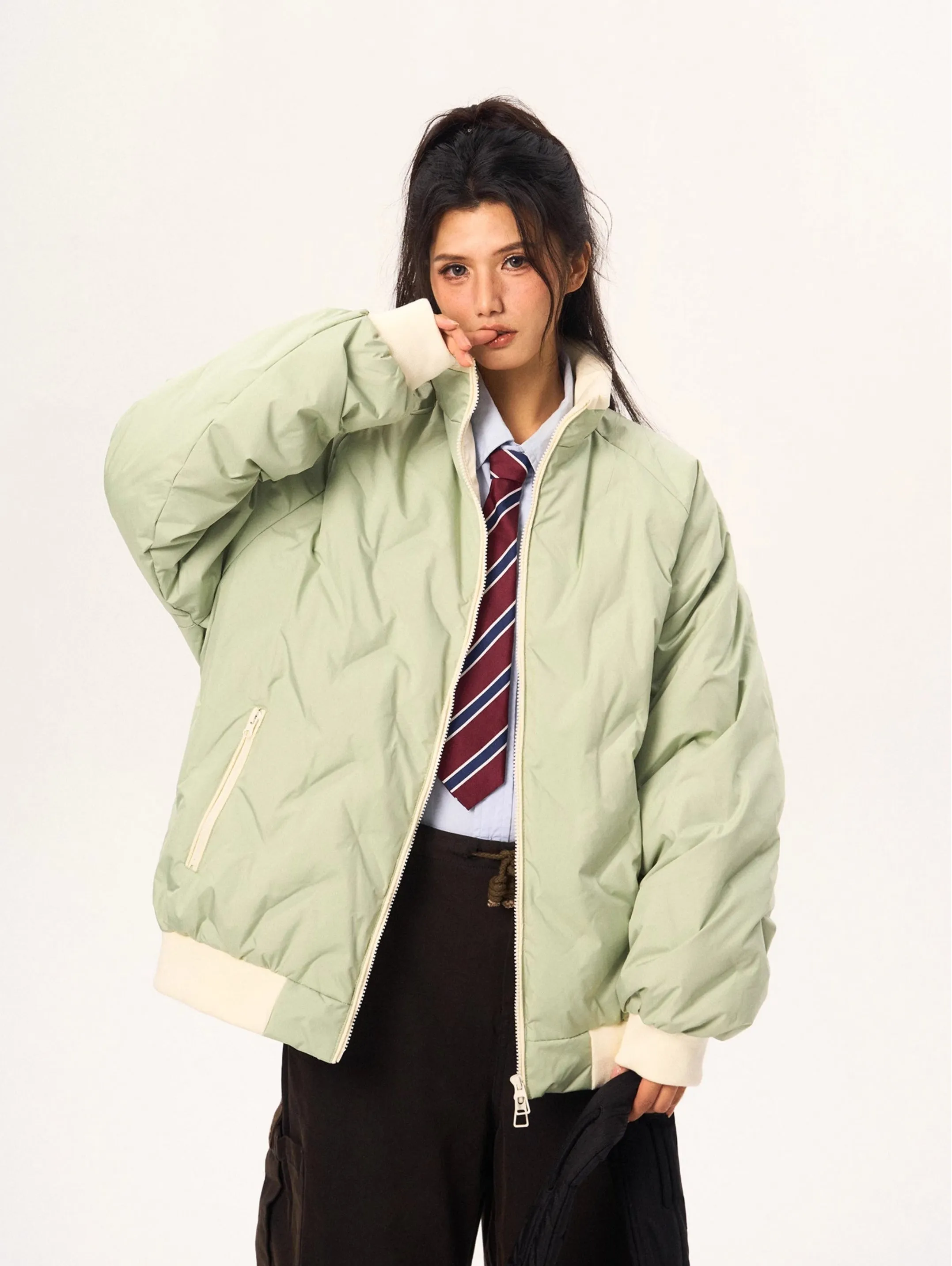 Contrast Trim Oversized Quilted Puffer Bomber Jacket