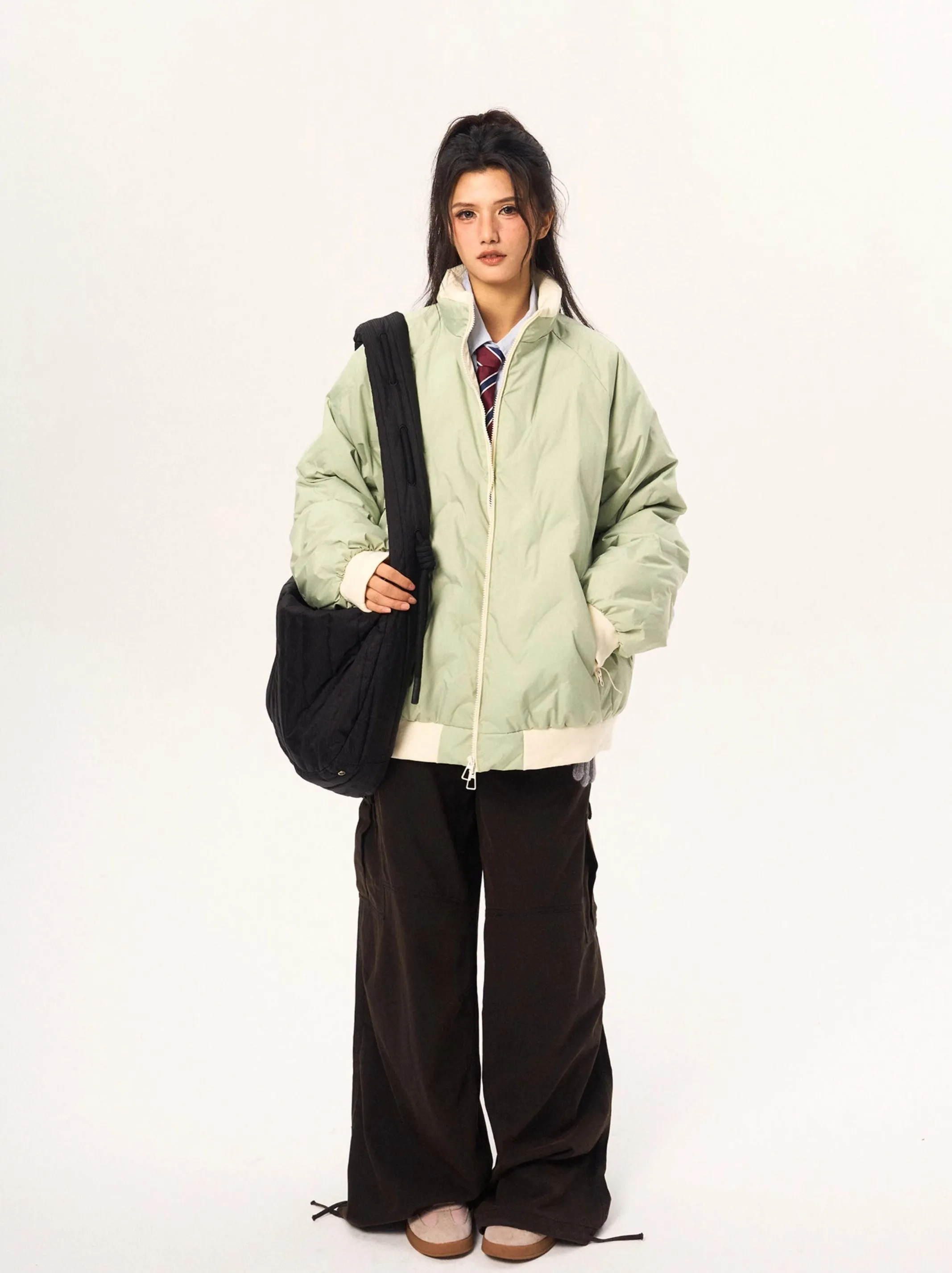 Contrast Trim Oversized Quilted Puffer Bomber Jacket