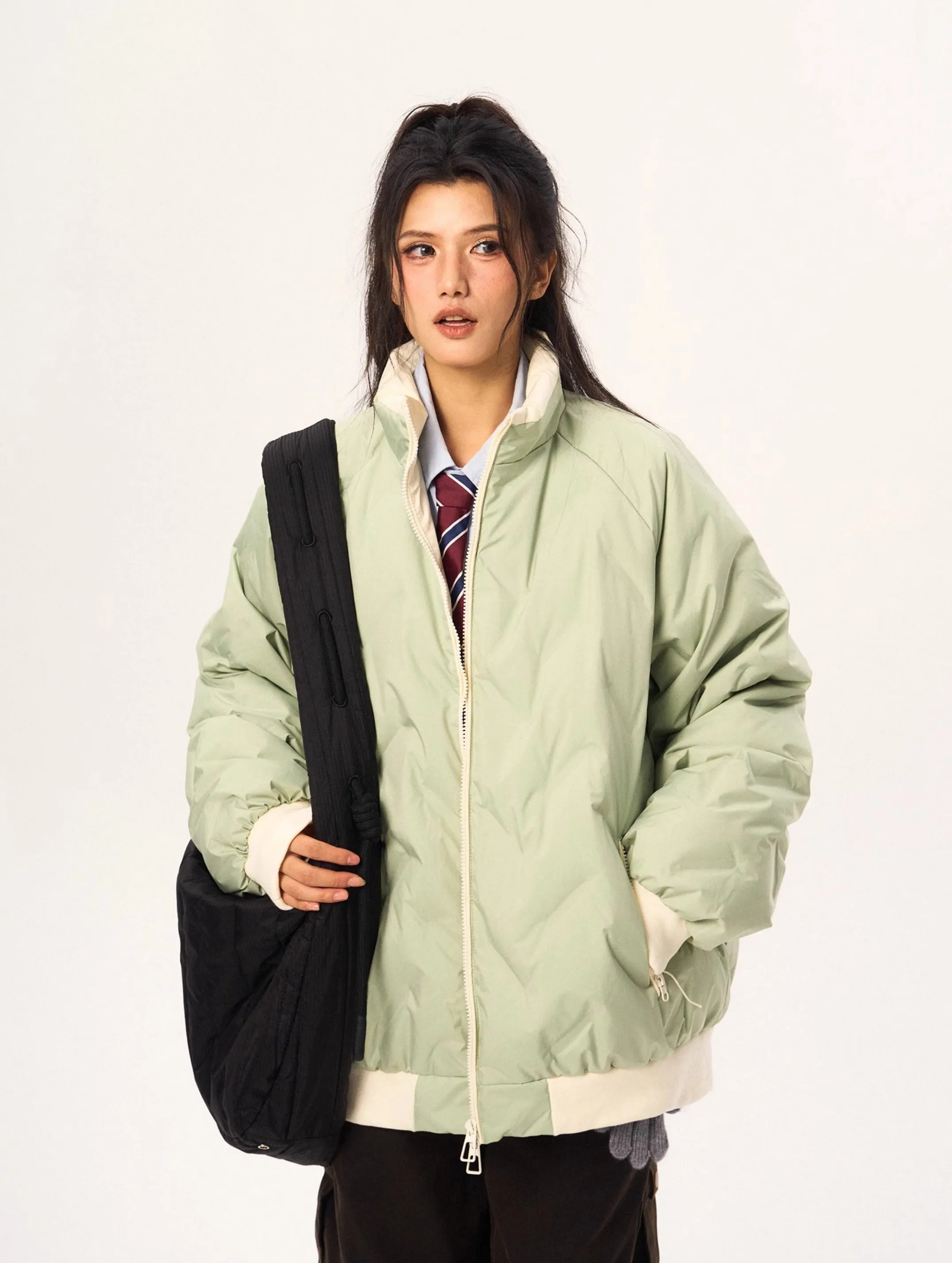Contrast Trim Oversized Quilted Puffer Bomber Jacket