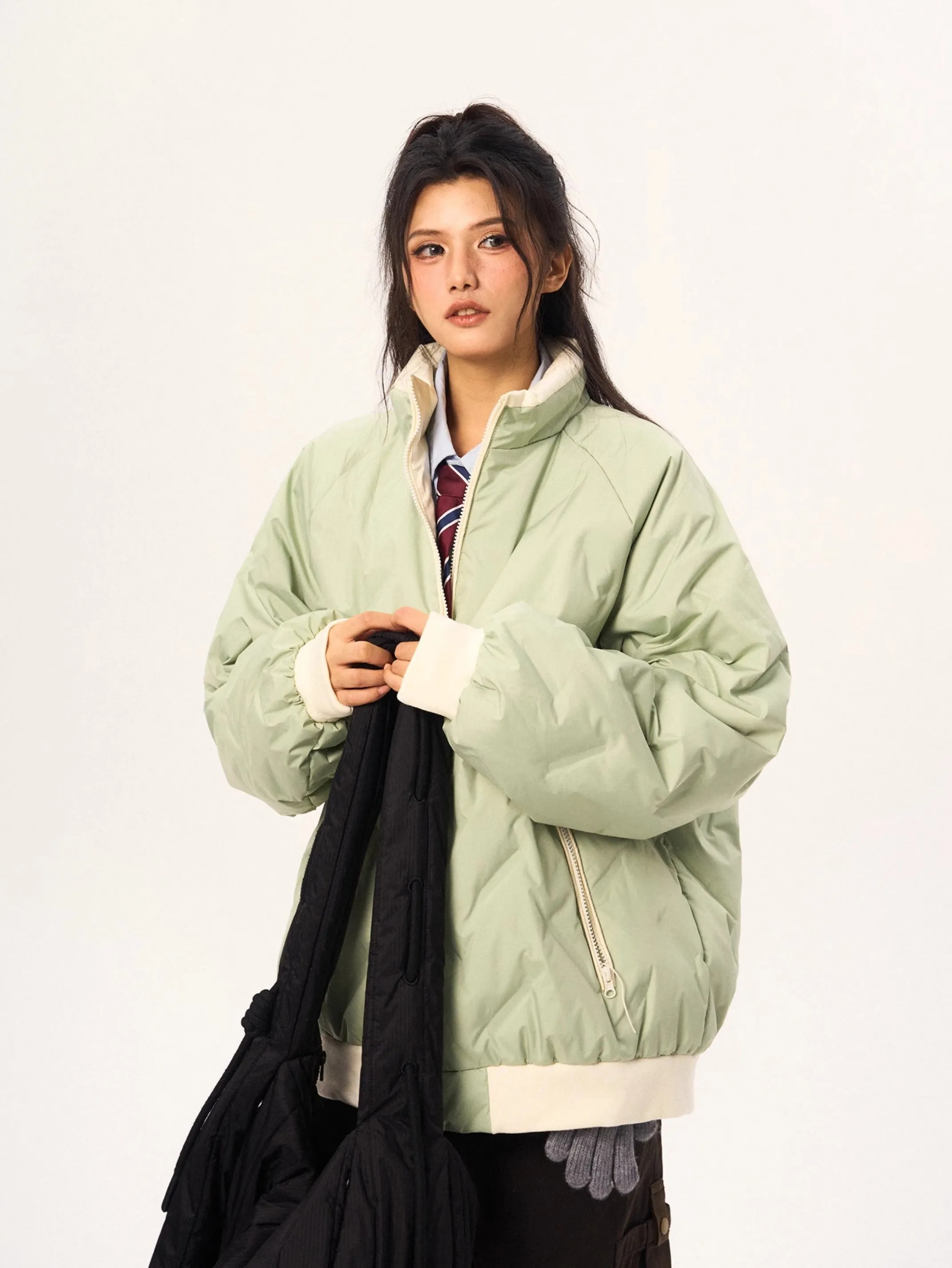 Contrast Trim Oversized Quilted Puffer Bomber Jacket