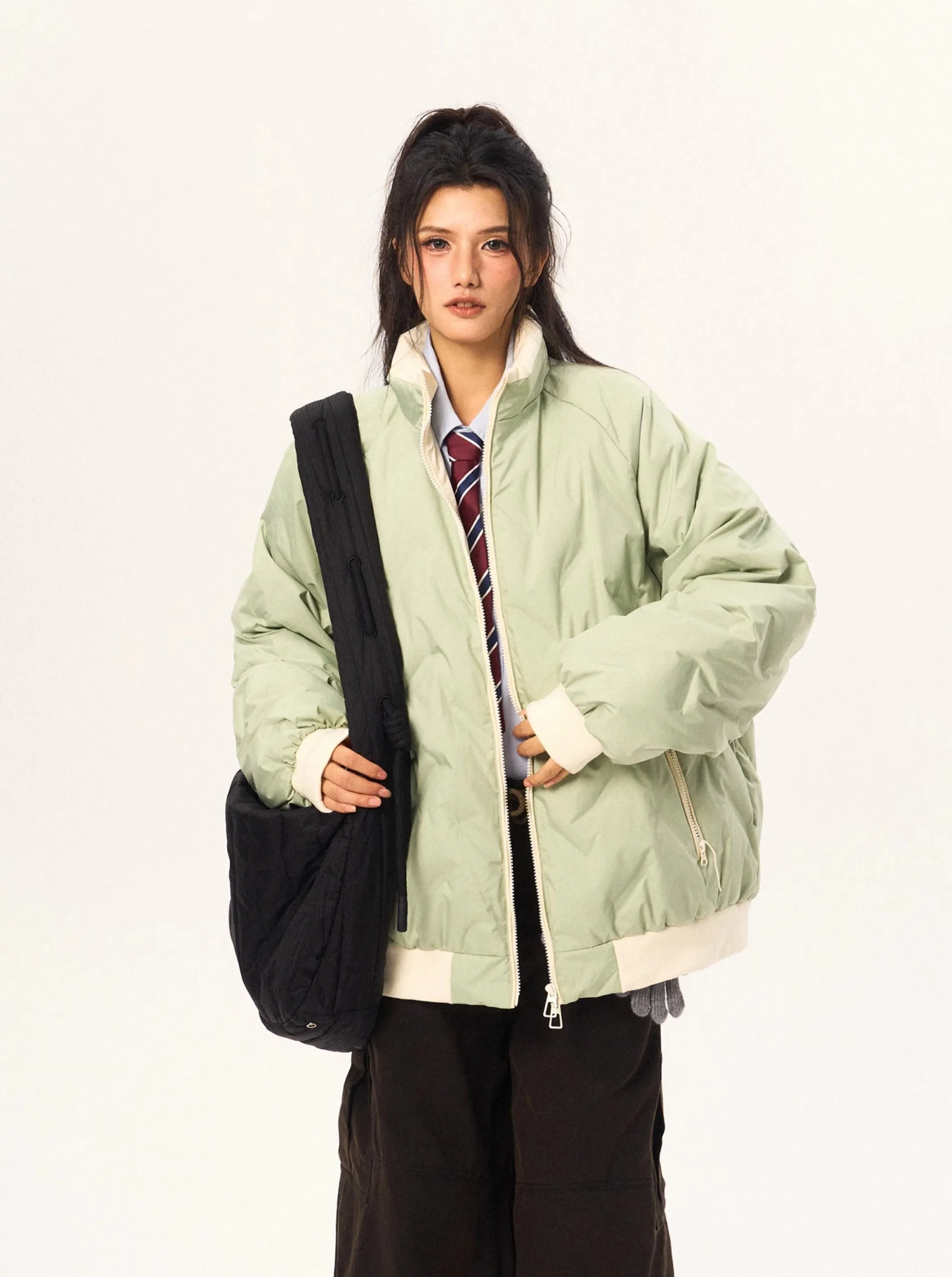 Contrast Trim Oversized Quilted Puffer Bomber Jacket