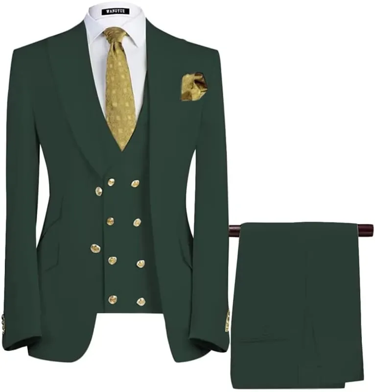 Dark Green Three Pieces Peaked Lapel Slim Fit Business Suits Wedding Groom Suits