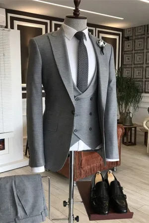 Deep Gray Peaked Lapel Slim Fit Three Pieces Business Suits Groomsmen Suits