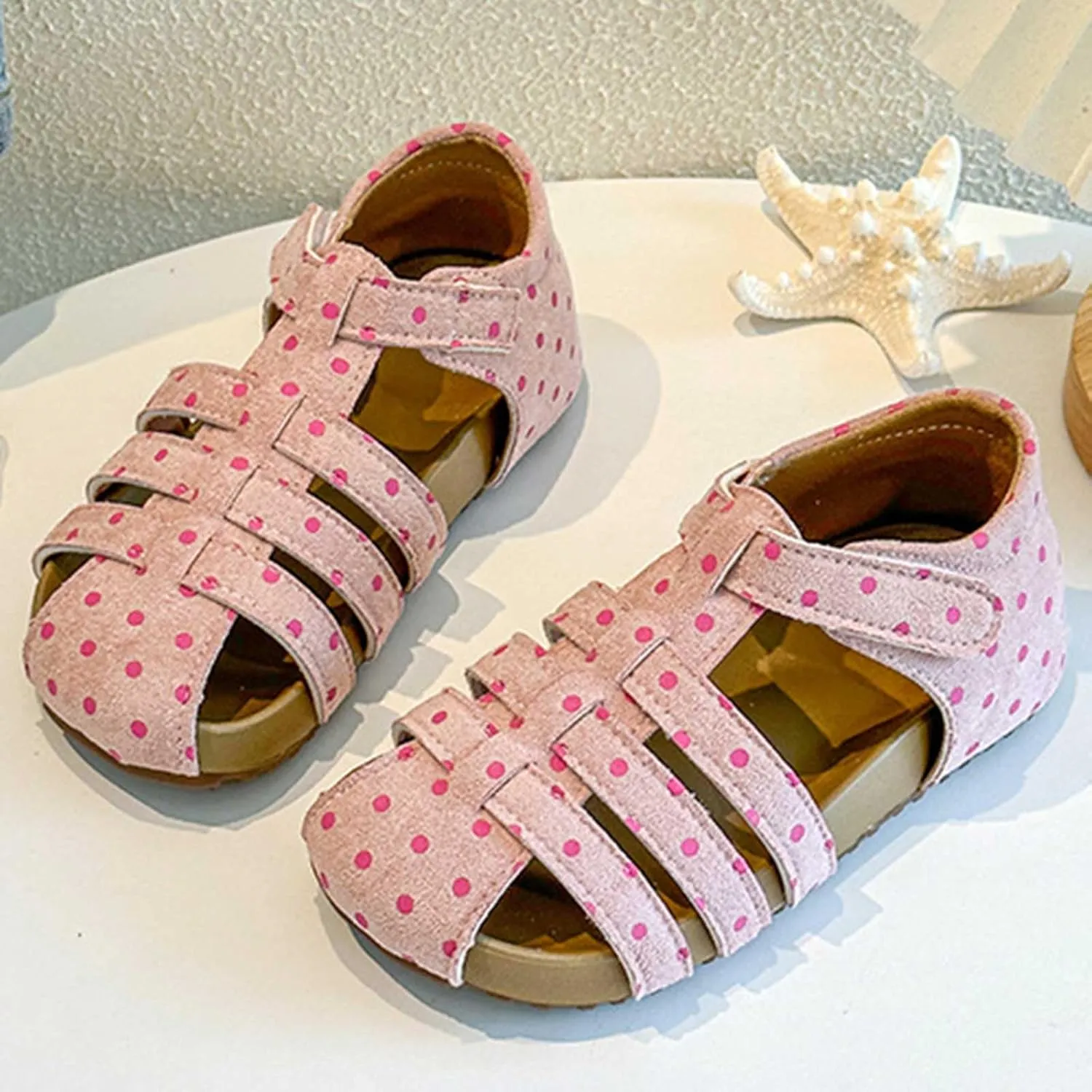 Dress Sandals Ankle Strap Girls Polka Dot Sandals Children's Hollow Breathable Closed Toe Beach Shoes Girls Shoes