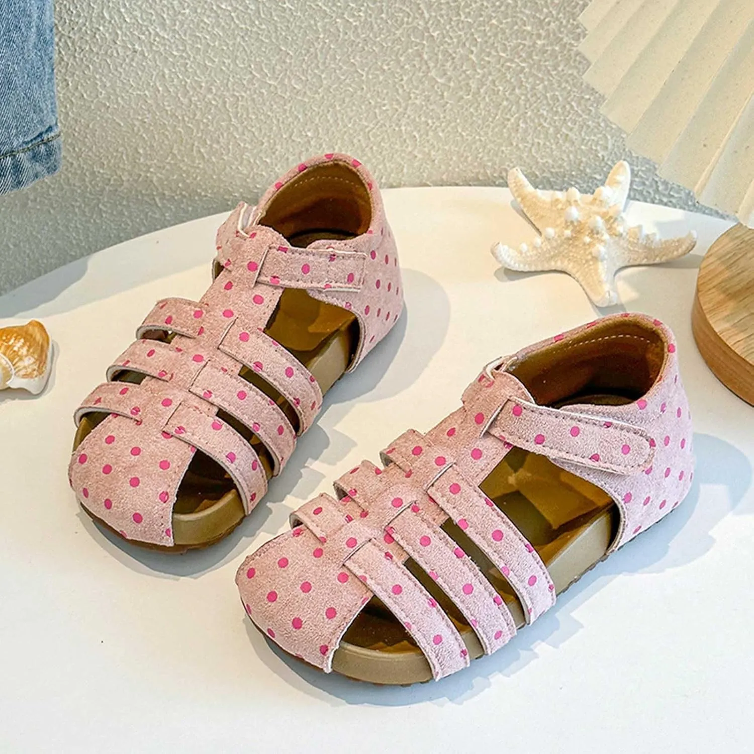 Dress Sandals Ankle Strap Girls Polka Dot Sandals Children's Hollow Breathable Closed Toe Beach Shoes Girls Shoes