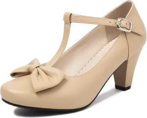 Elerhythm Women's Mary Jane Vintage Heels with Bow 1950s Pumps Closed Toe 1920s Victorian Sweet Ankle Strap Faux Suede Elegant Comfortable Formal Dressy Ladies Shoes