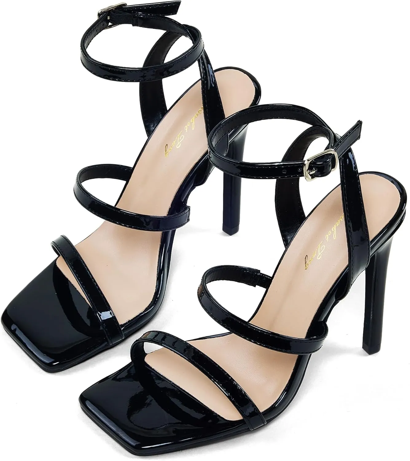Elisabet Tang Elegant Black High Heeled Sandals for Women  Adjustable Straps, Square Toe, Stiletto Pumps for Party, Evening, and Formal Occasions