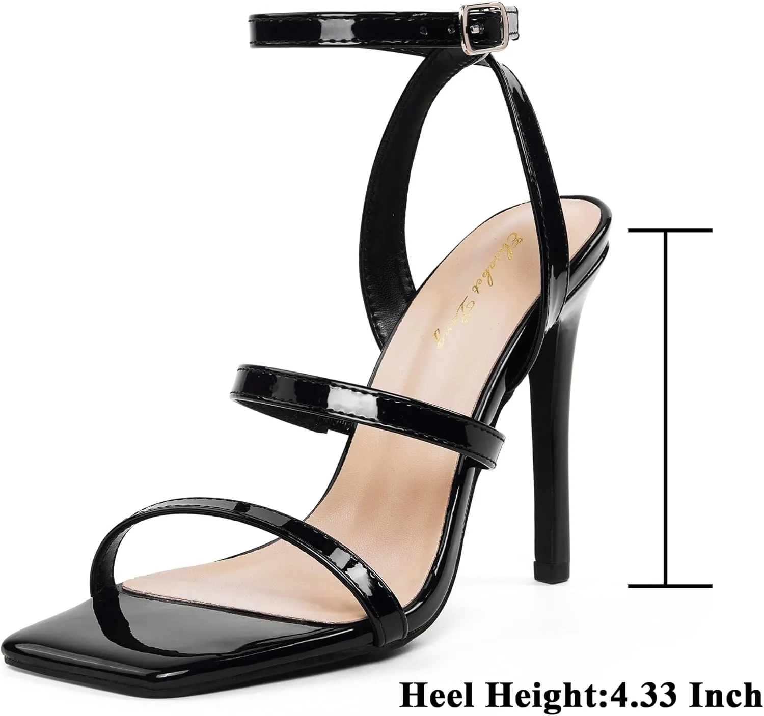 Elisabet Tang Elegant Black High Heeled Sandals for Women  Adjustable Straps, Square Toe, Stiletto Pumps for Party, Evening, and Formal Occasions