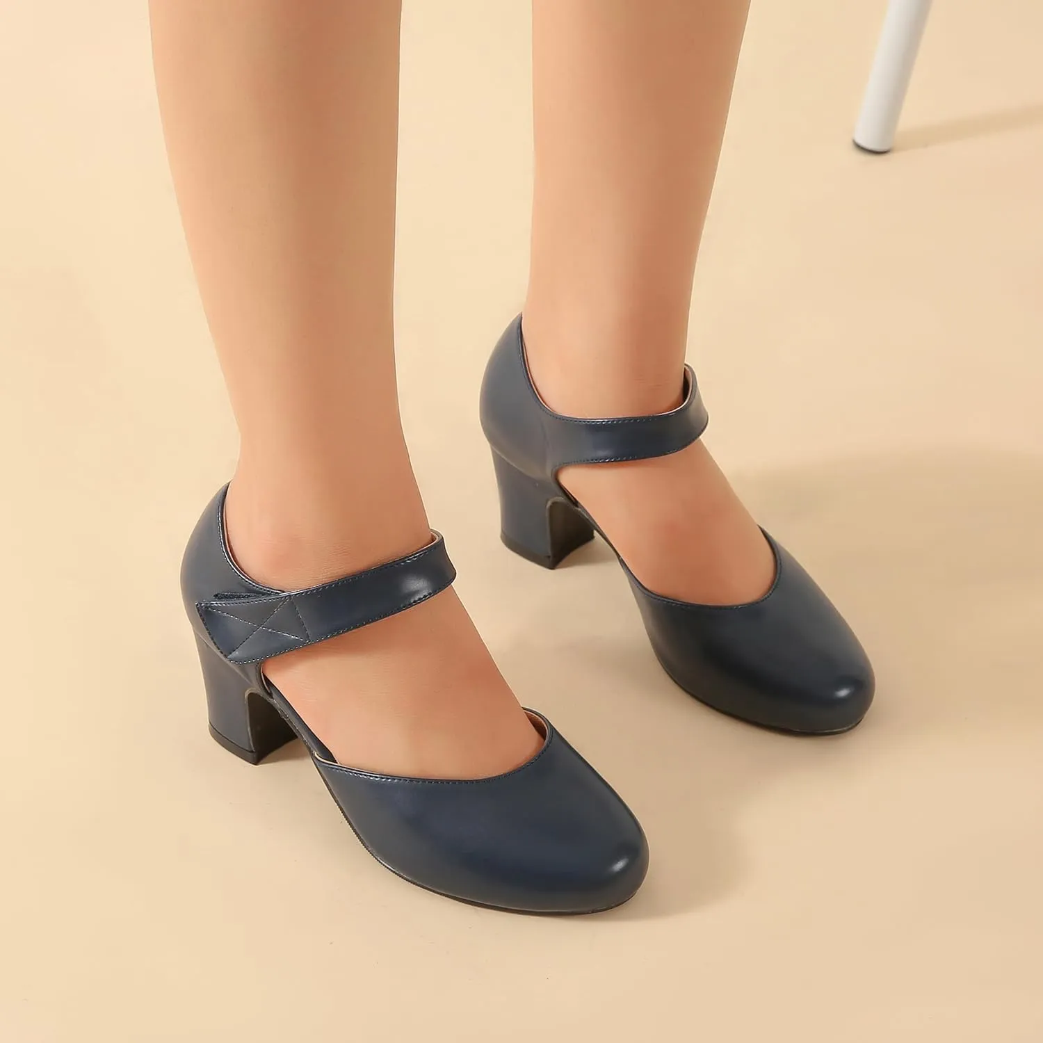 Enelauge Women's Ankle Strap Block Chunky Heels Closed Round Toe Pumps D'Orsay Comfortable Vintage Dressy Bridal Wedding Party Shoes