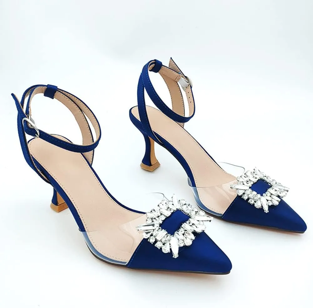 Fashion Rhinstone Clear Kitten Heels Wedding Low Heel Slingback Adjustable Strap Sandals