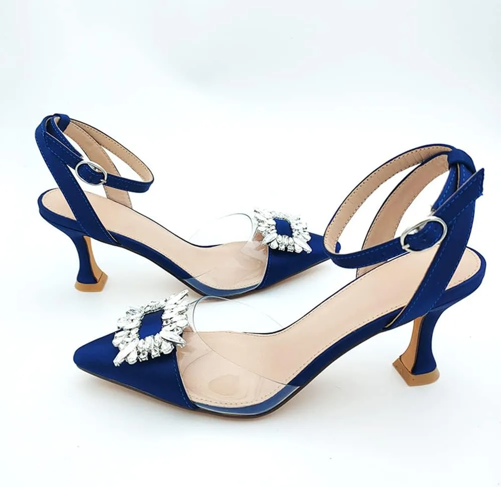 Fashion Rhinstone Clear Kitten Heels Wedding Low Heel Slingback Adjustable Strap Sandals