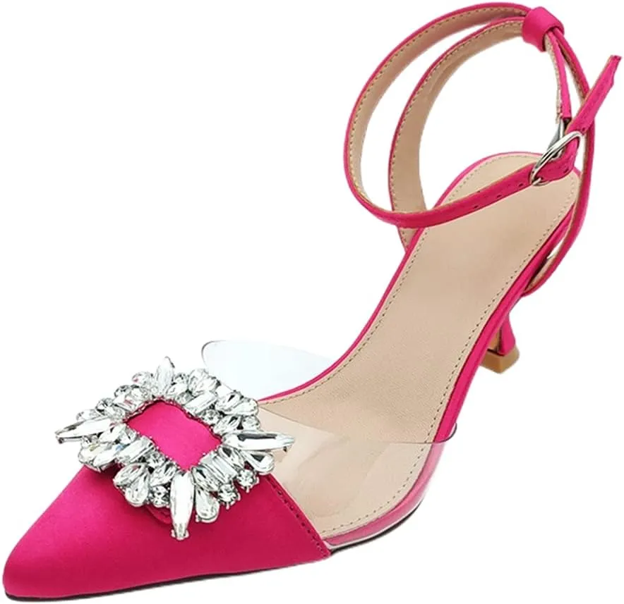 Fashion Rhinstone Clear Kitten Heels Wedding Low Heel Slingback Adjustable Strap Sandals