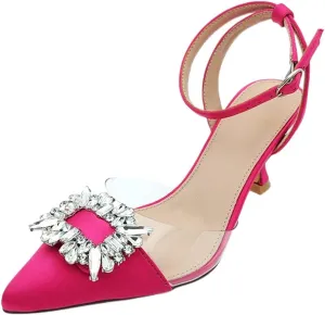 Fashion Rhinstone Clear Kitten Heels Wedding Low Heel Slingback Adjustable Strap Sandals