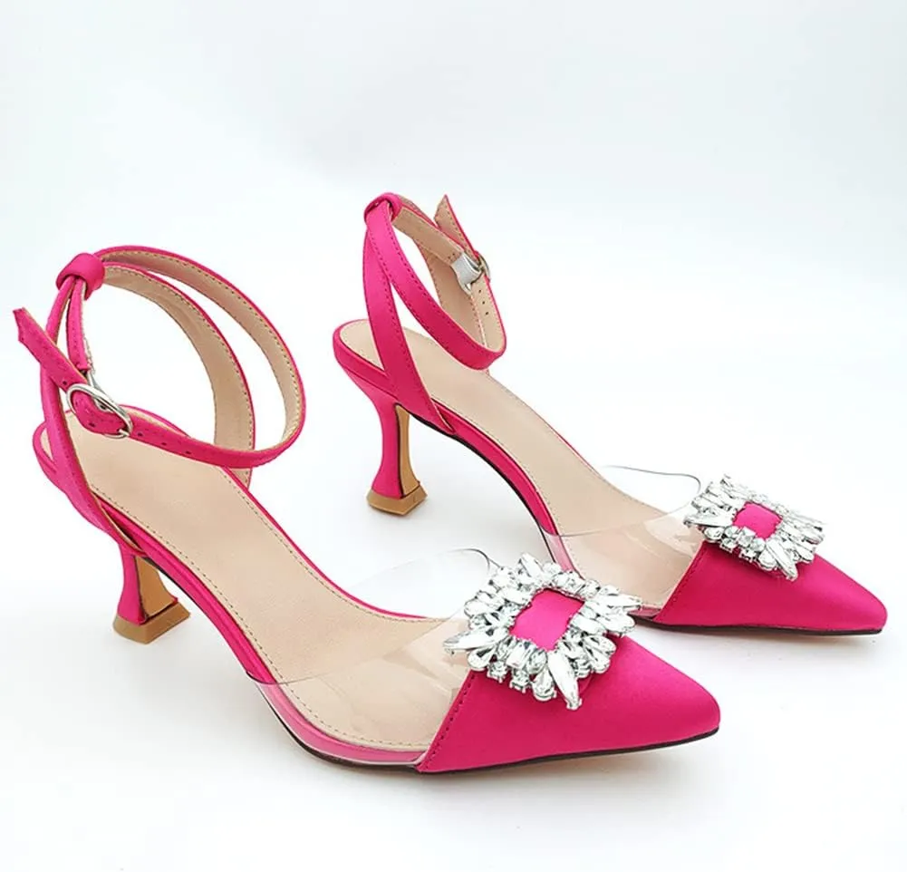 Fashion Rhinstone Clear Kitten Heels Wedding Low Heel Slingback Adjustable Strap Sandals