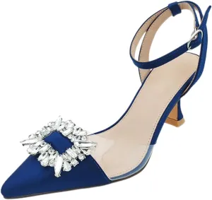 Fashion Rhinstone Clear Kitten Heels Wedding Low Heel Slingback Adjustable Strap Sandals