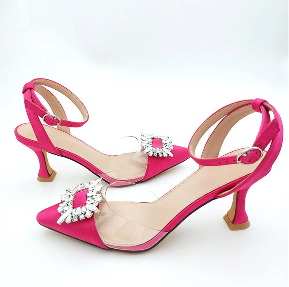 Fashion Rhinstone Clear Kitten Heels Wedding Low Heel Slingback Adjustable Strap Sandals