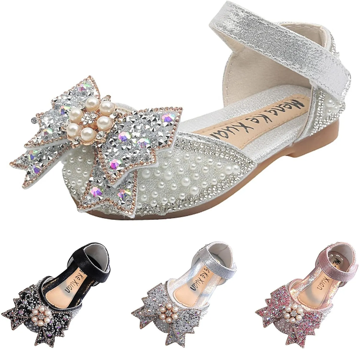 Fashion Spring and Summer Girls Sandals Dress Dance Performance Princess Shoes Pearl Rhinestone Big The Wild One Sandals (Black, 3-3.5 Years Toddler)