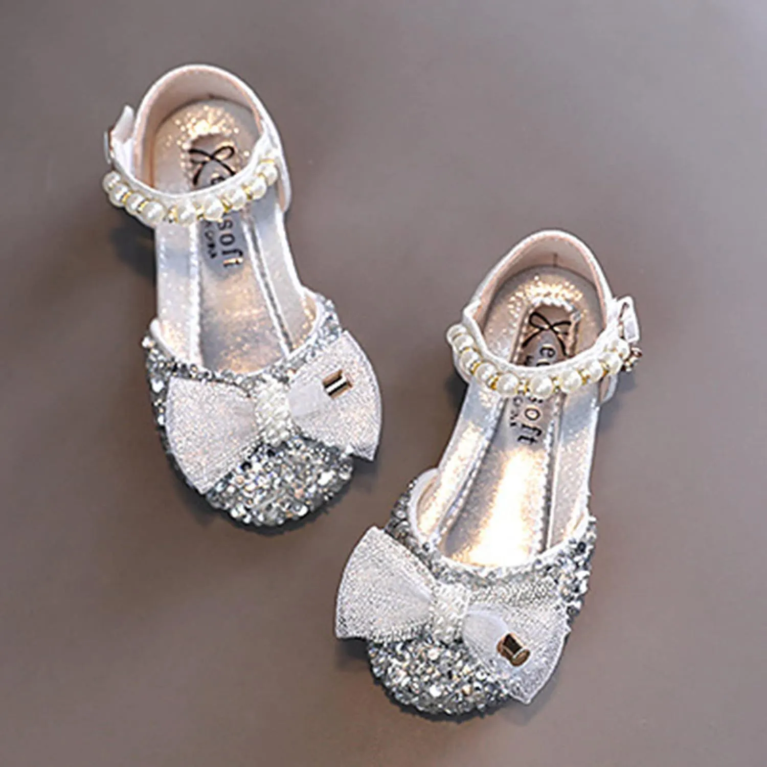 Fashion Summer Girls Sandals Dress Performance Dance Shoes Sequin Pearl Mesh Bow Buckle Summer Shoes for Toddler Girls (Silver, 3-3.5 Years Toddler)