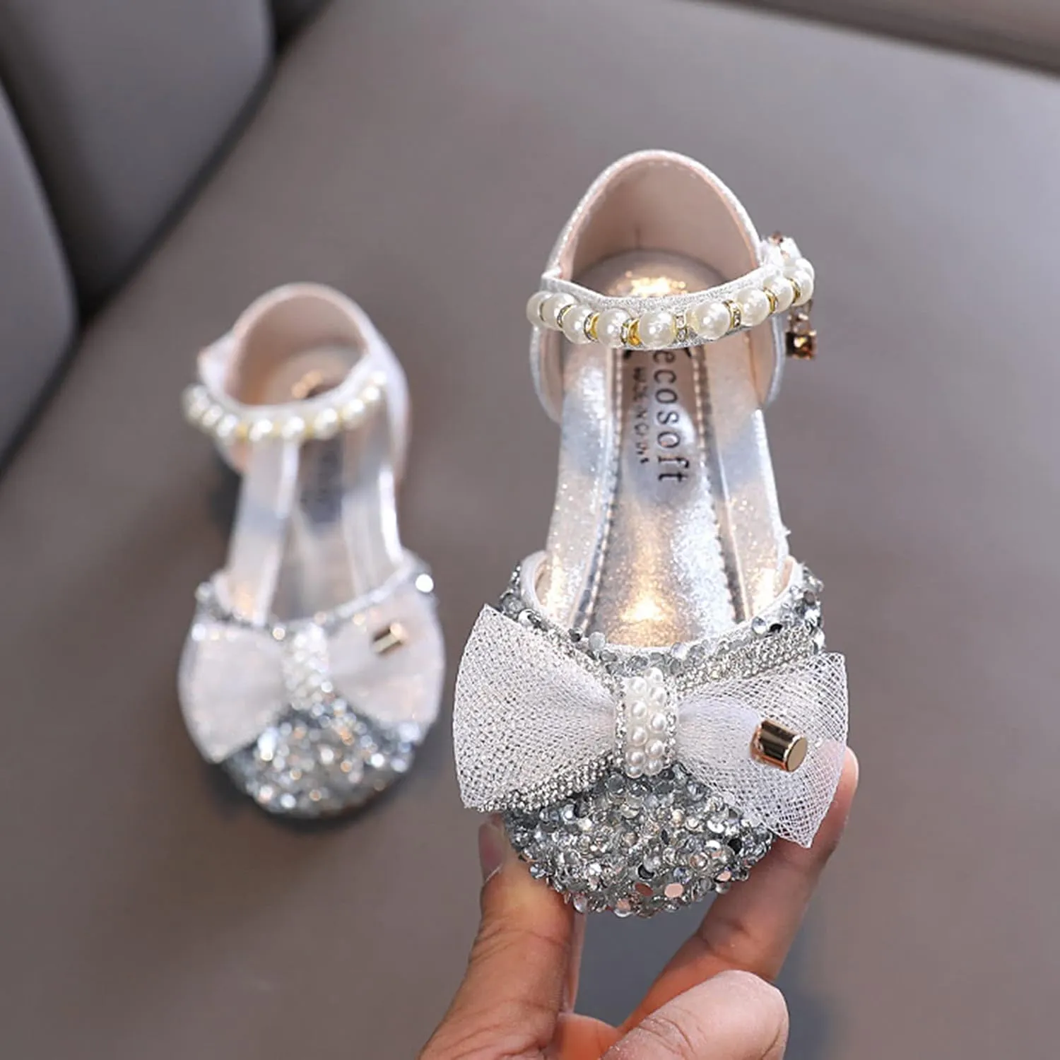 Fashion Summer Girls Sandals Dress Performance Dance Shoes Sequin Pearl Mesh Bow Buckle Summer Shoes for Toddler Girls (Silver, 3-3.5 Years Toddler)