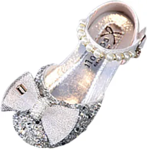 Fashion Summer Girls Sandals Dress Performance Dance Shoes Sequin Pearl Mesh Bow Buckle Summer Shoes for Toddler Girls (Silver, 3-3.5 Years Toddler)